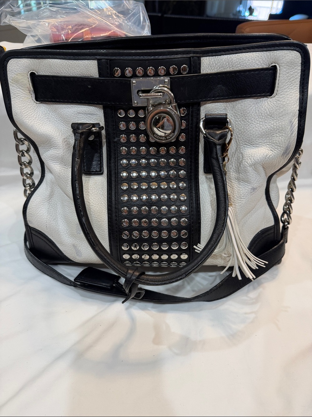 Michael Kors White and Black Studded Tote with Tassel